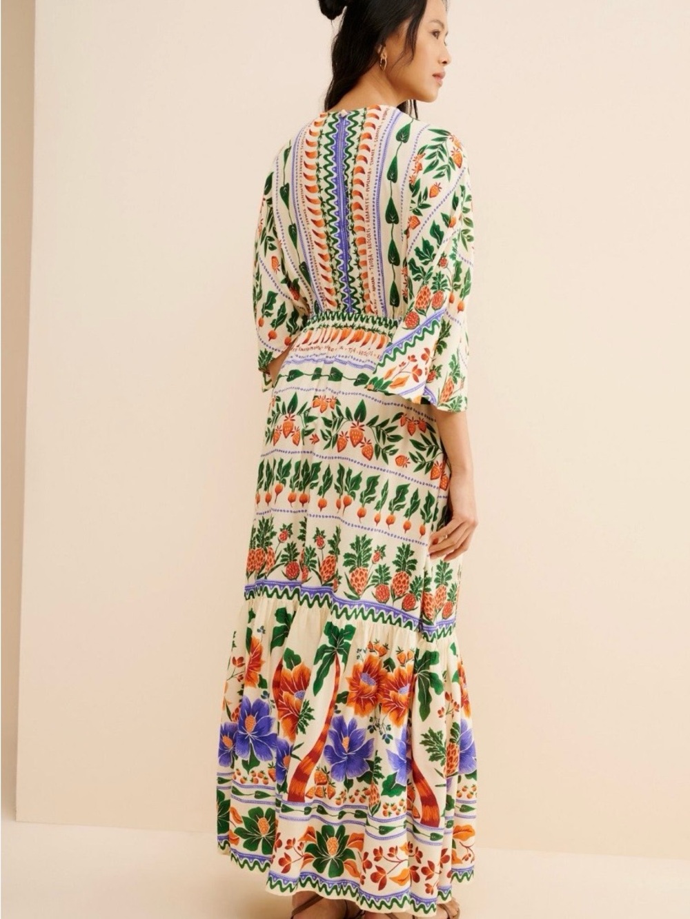 FARM Rio Cream Midi Dress with Orange, Green & Purple Floral Print - Picture 2 of 3
